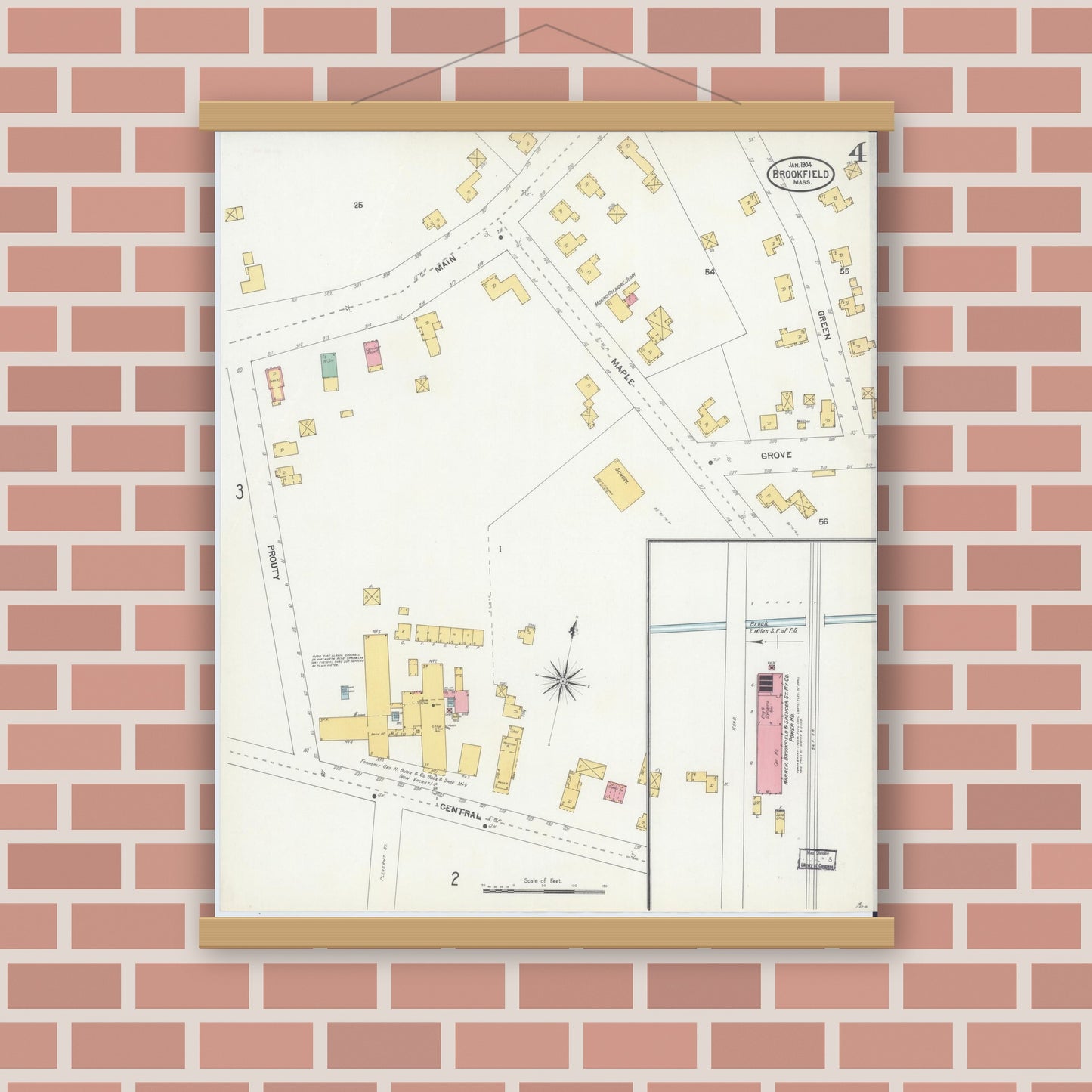 Old map wall art mockup — magnetic wood frame on brick wall — Sanborn Fire Insurance Map from Brookfield, Worcester County, Massachusetts (1904), Sheet #0004