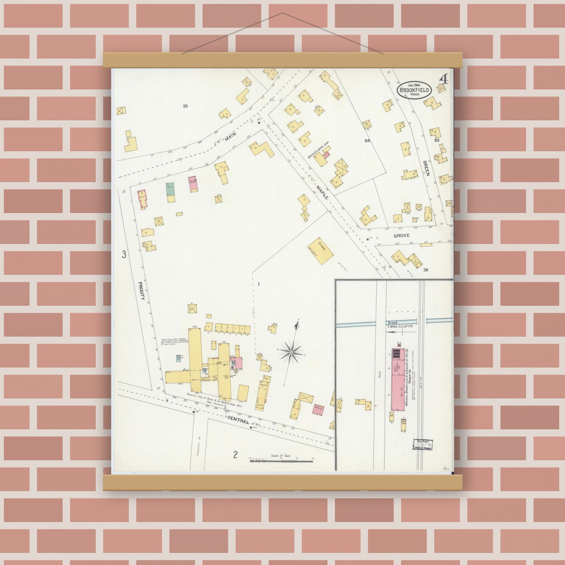Old map wall art mockup — magnetic wood frame on brick wall — Sanborn Fire Insurance Map from Brookfield, Worcester County, Massachusetts (1904), Sheet #0004