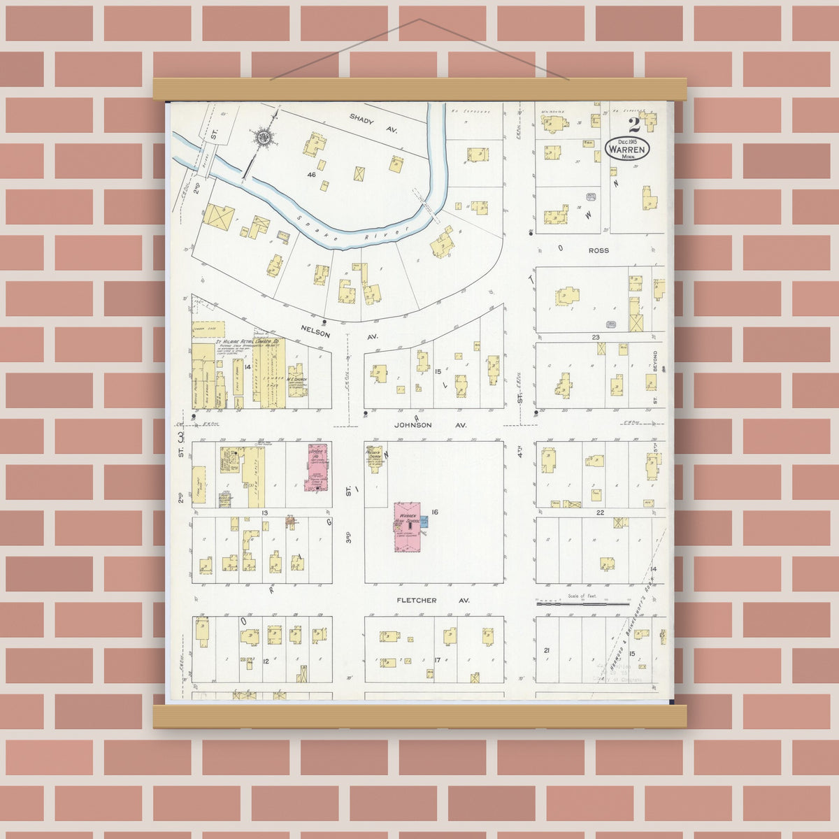 Old map wall art mockup — magnetic wood frame on brick wall — Sanborn Fire Insurance Map from Warren, Marshall County, Minnesota (1915), Sheet #0002