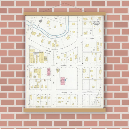 Old map wall art mockup — magnetic wood frame on brick wall — Sanborn Fire Insurance Map from Warren, Marshall County, Minnesota (1915), Sheet #0002