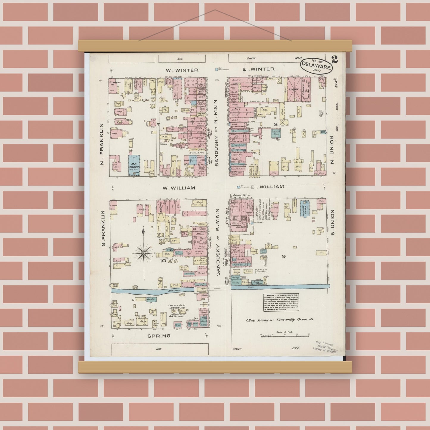 Old map wall art mockup — magnetic wood frame on brick wall — Sanborn Fire Insurance Map from Delaware, Delaware County, Ohio (1885), Sheet #0002