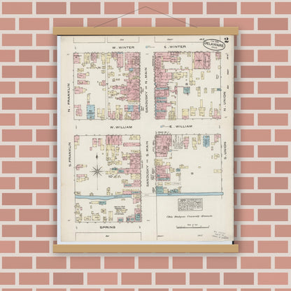 Old map wall art mockup — magnetic wood frame on brick wall — Sanborn Fire Insurance Map from Delaware, Delaware County, Ohio (1885), Sheet #0002