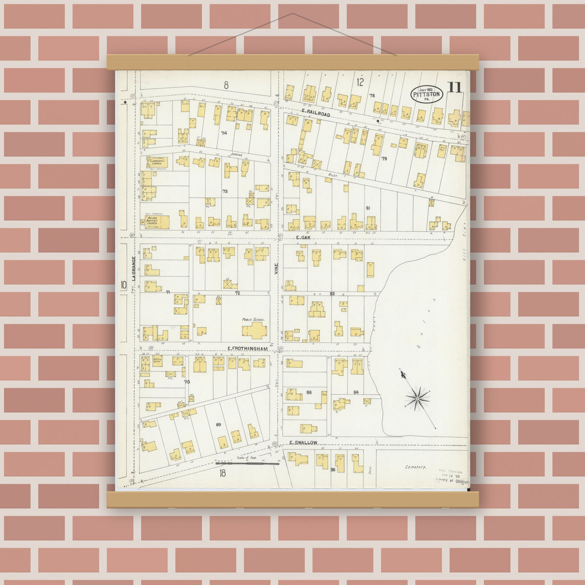 Old map wall art mockup — magnetic wood frame on brick wall — Sanborn Fire Insurance Map from Pittston, Luzerne County, Pennsylvania (1903), Sheet #0011