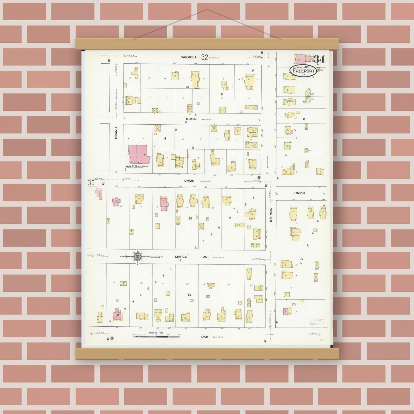 Old map wall art mockup — magnetic wood frame on brick wall — Sanborn Fire Insurance Map from Freeport, Stephenson County, Illinois (1910), Sheet #0034