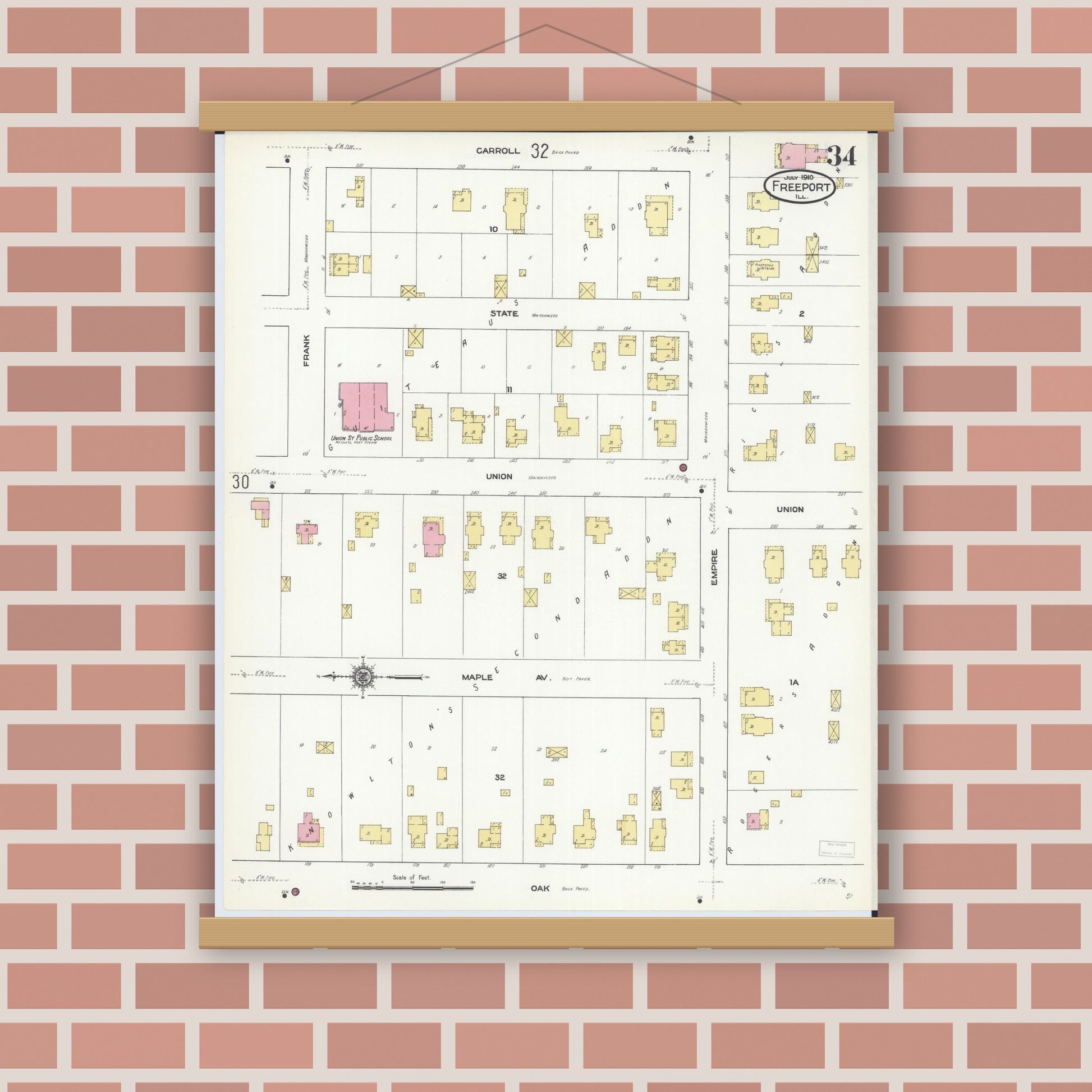 Old map wall art mockup — magnetic wood frame on brick wall — Sanborn Fire Insurance Map from Freeport, Stephenson County, Illinois (1910), Sheet #0034