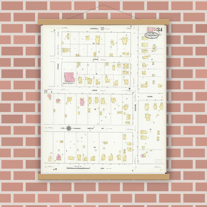 Old map wall art mockup — magnetic wood frame on brick wall — Sanborn Fire Insurance Map from Freeport, Stephenson County, Illinois (1910), Sheet #0034