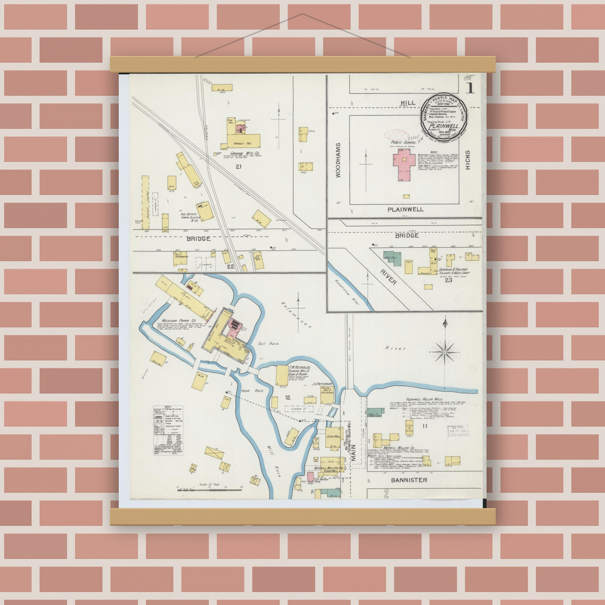 Old map wall art mockup — magnetic wood frame on brick wall — Sanborn Fire Insurance Map from Plainwell, Allegan County, Michigan (1892), Sheet #0001