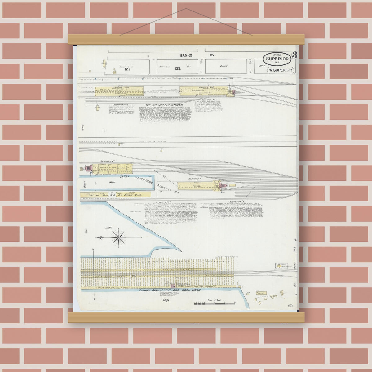 Old map wall art mockup — magnetic wood frame on brick wall — Sanborn Fire Insurance Map from Superior, Douglas County, Wisconsin (1887), Sheet #0003