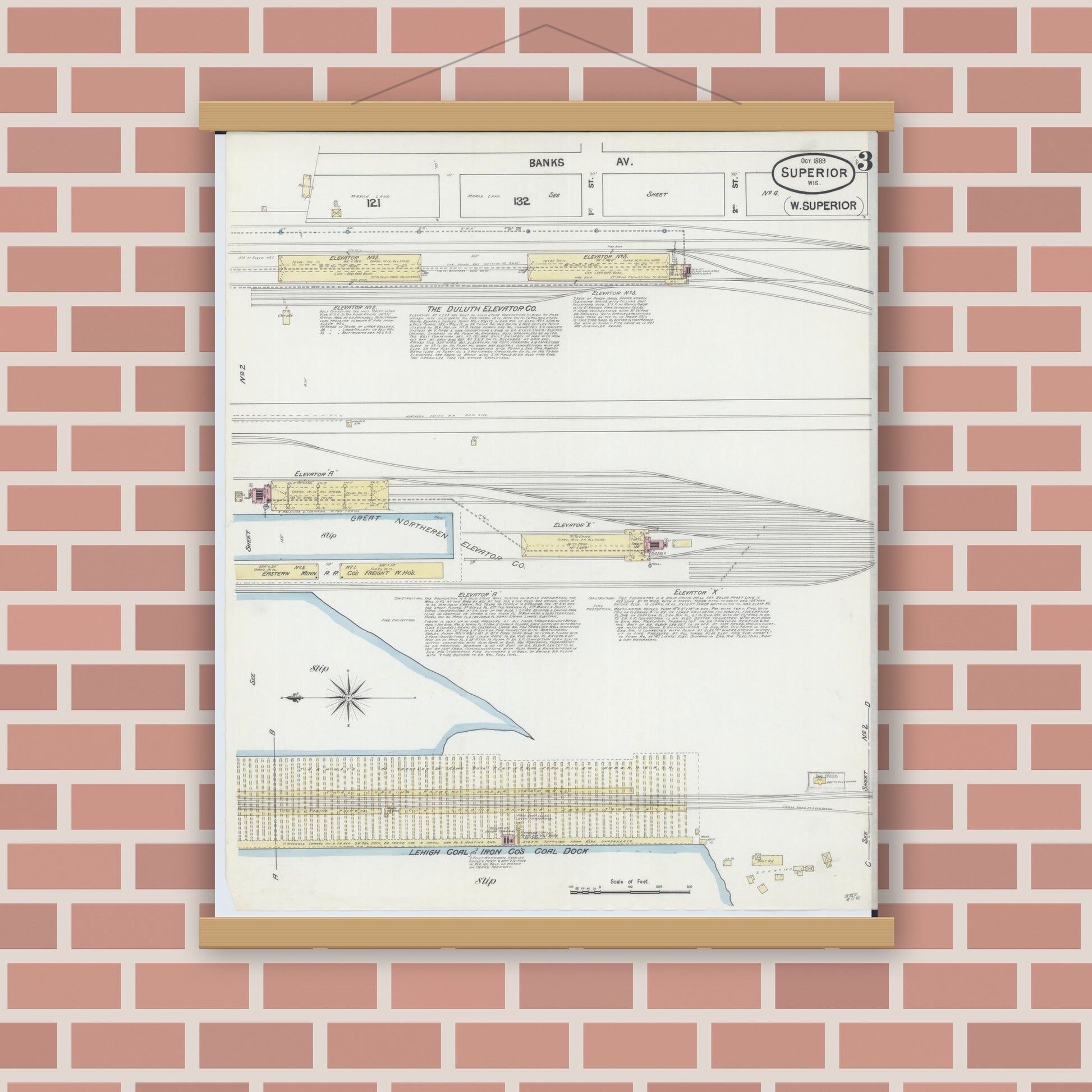 Old map wall art mockup — magnetic wood frame on brick wall — Sanborn Fire Insurance Map from Superior, Douglas County, Wisconsin (1887), Sheet #0003