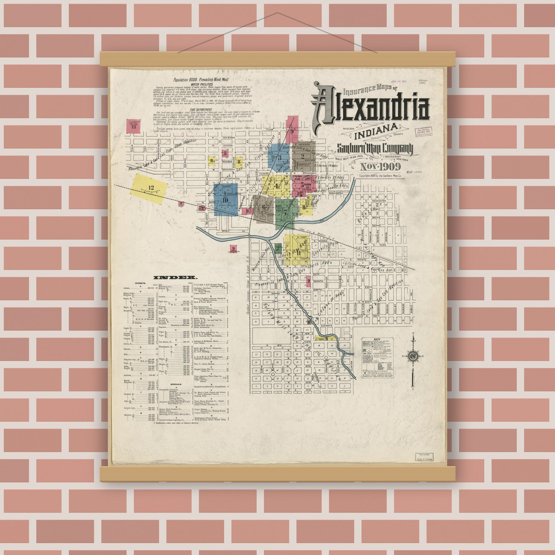 Old map wall art mockup — magnetic wood frame on brick wall — Sanborn Fire Insurance Map from Alexandria, Madison County, Indiana (1909), Sheet #0001