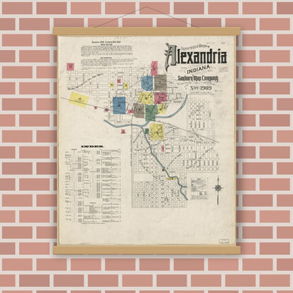 Old map wall art mockup — magnetic wood frame on brick wall — Sanborn Fire Insurance Map from Alexandria, Madison County, Indiana (1909), Sheet #0001