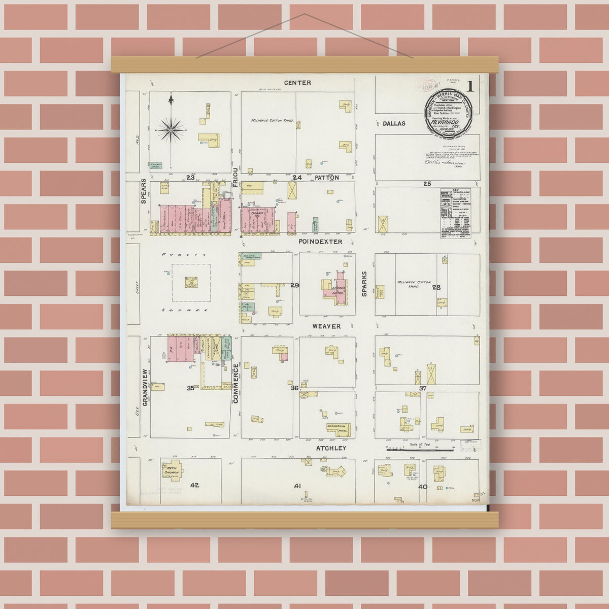 Old map wall art mockup — magnetic wood frame on brick wall — Sanborn Fire Insurance Map from Alvarado, Johnson County, Texas (1891) - Complete Map Set