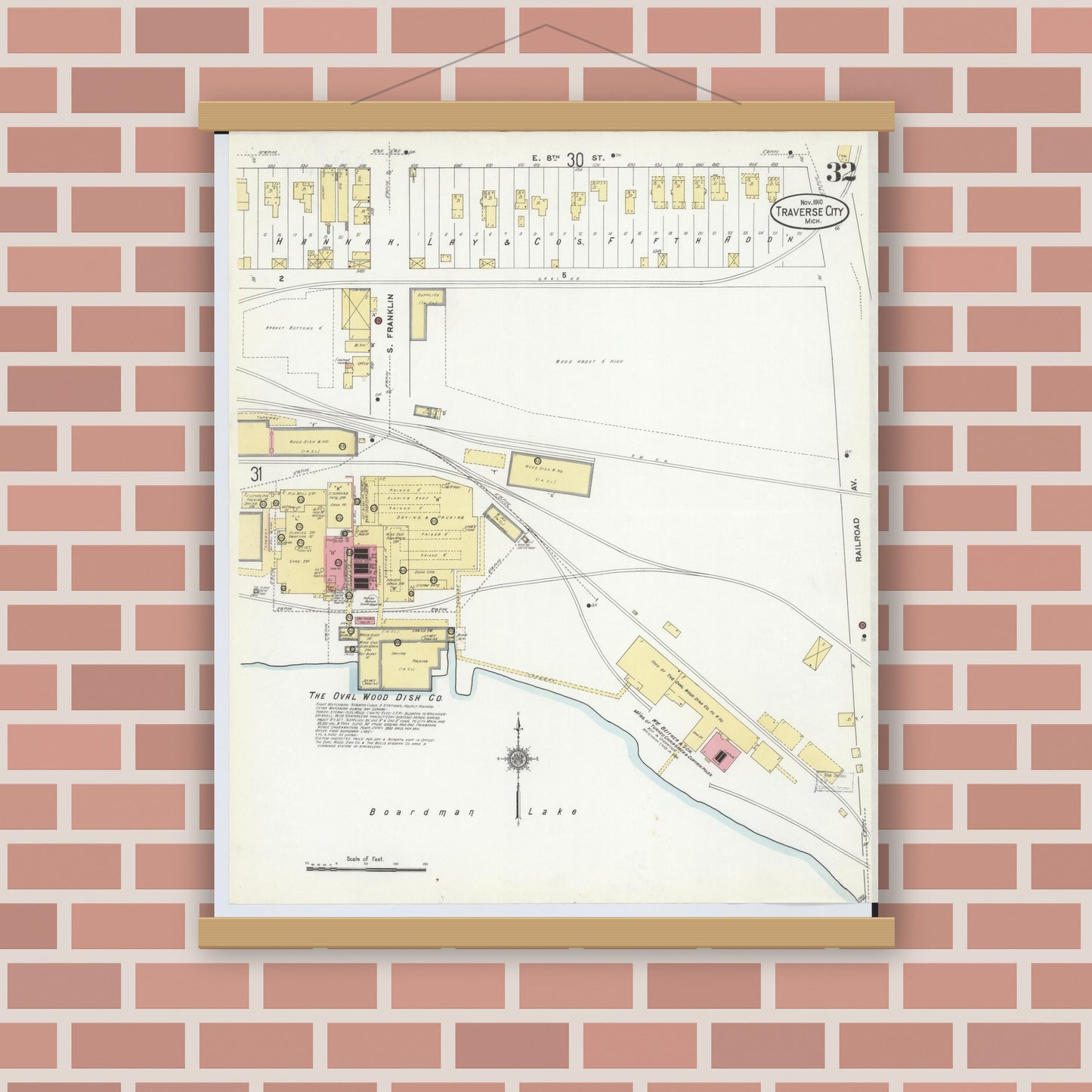 Old map wall art mockup — magnetic wood frame on brick wall — Sanborn Fire Insurance Map from Traverse City, Grand Traverse County, Michigan (1910), Sheet #0032