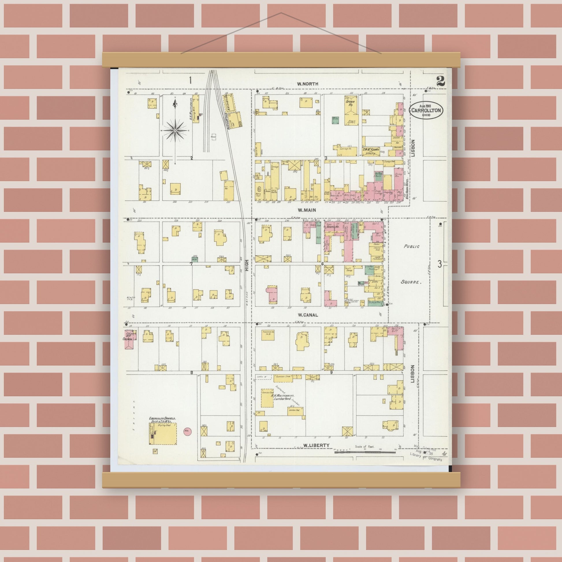 Old map wall art mockup — magnetic wood frame on brick wall — Sanborn Fire Insurance Map from Carrollton, Carroll County, Ohio (1901), Sheet #0002