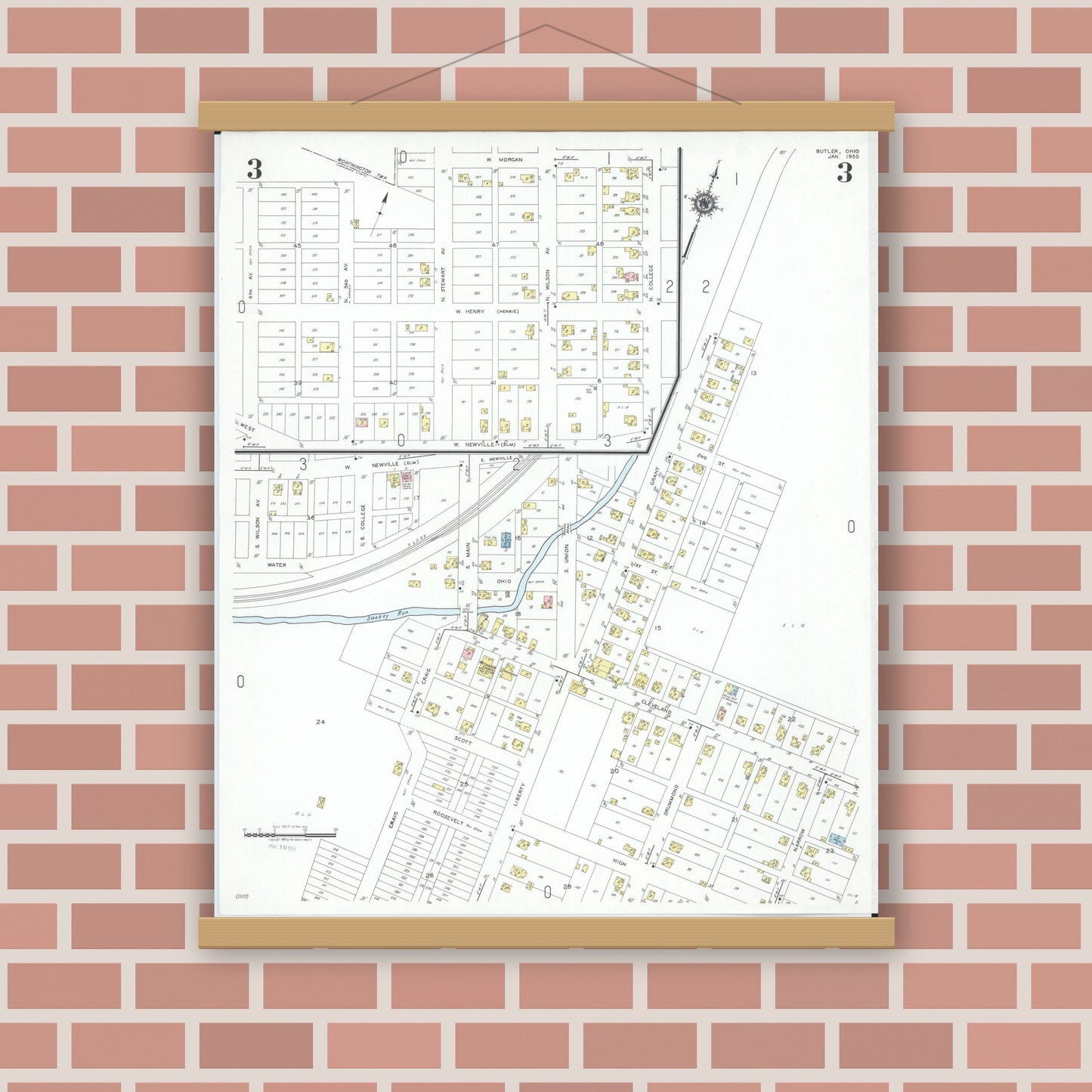 Old map wall art mockup — magnetic wood frame on brick wall — Sanborn Fire Insurance Map from Butler, Richland County, Ohio (1950), Sheet #0003