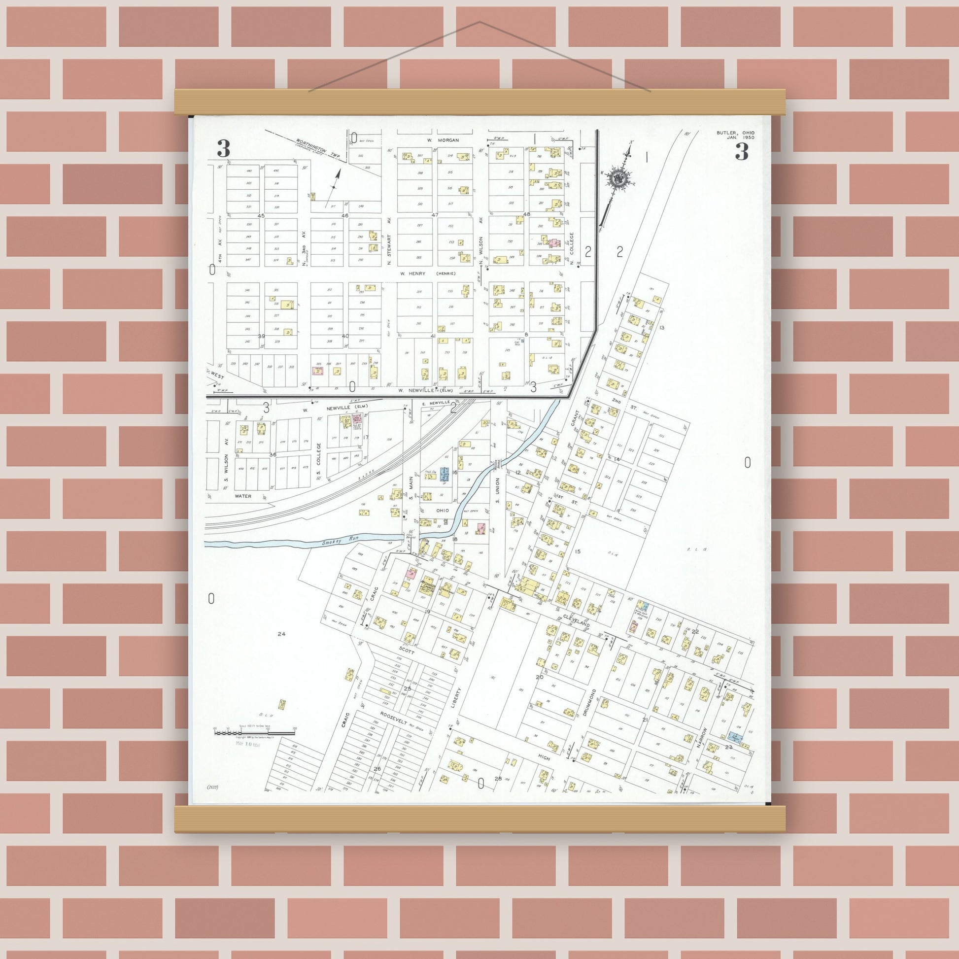 Old map wall art mockup — magnetic wood frame on brick wall — Sanborn Fire Insurance Map from Butler, Richland County, Ohio (1950), Sheet #0003