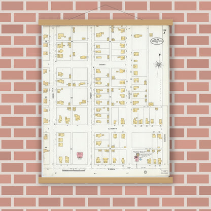 Old map wall art mockup — magnetic wood frame on brick wall — Sanborn Fire Insurance Map from Greenfield, Hancock County, Indiana (1906), Sheet #0007