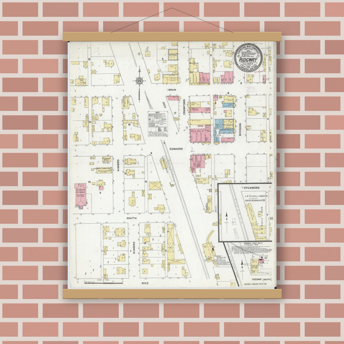 Old map wall art mockup — magnetic wood frame on brick wall — Sanborn Fire Insurance Map from Ridgway, Gallatin County, Illinois (1910), Sheet #0001