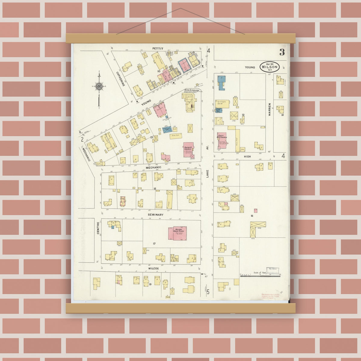 Old map wall art mockup — magnetic wood frame on brick wall — Sanborn Fire Insurance Map from Wilson, Niagara County, New York (1911), Sheet #0003
