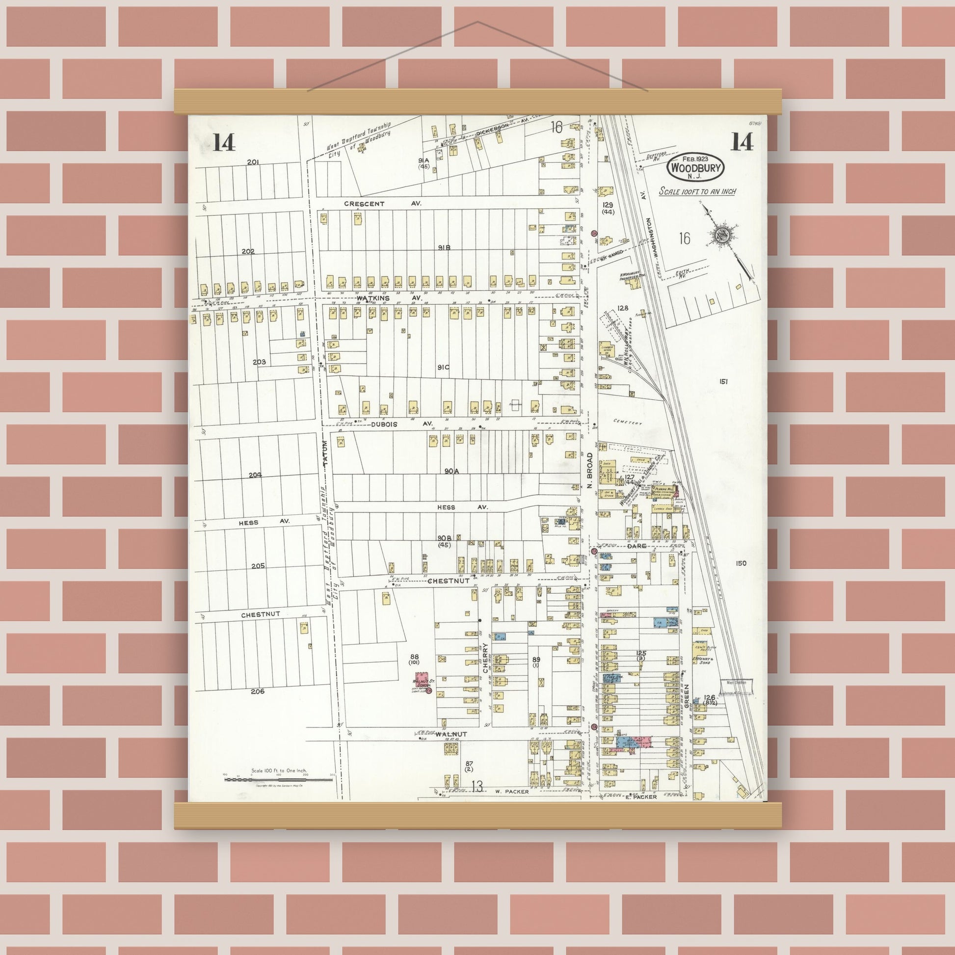 Old map wall art mockup — magnetic wood frame on brick wall — Sanborn Fire Insurance Map from Woodbury, Gloucester County, New Jersey (1923), Sheet #0014