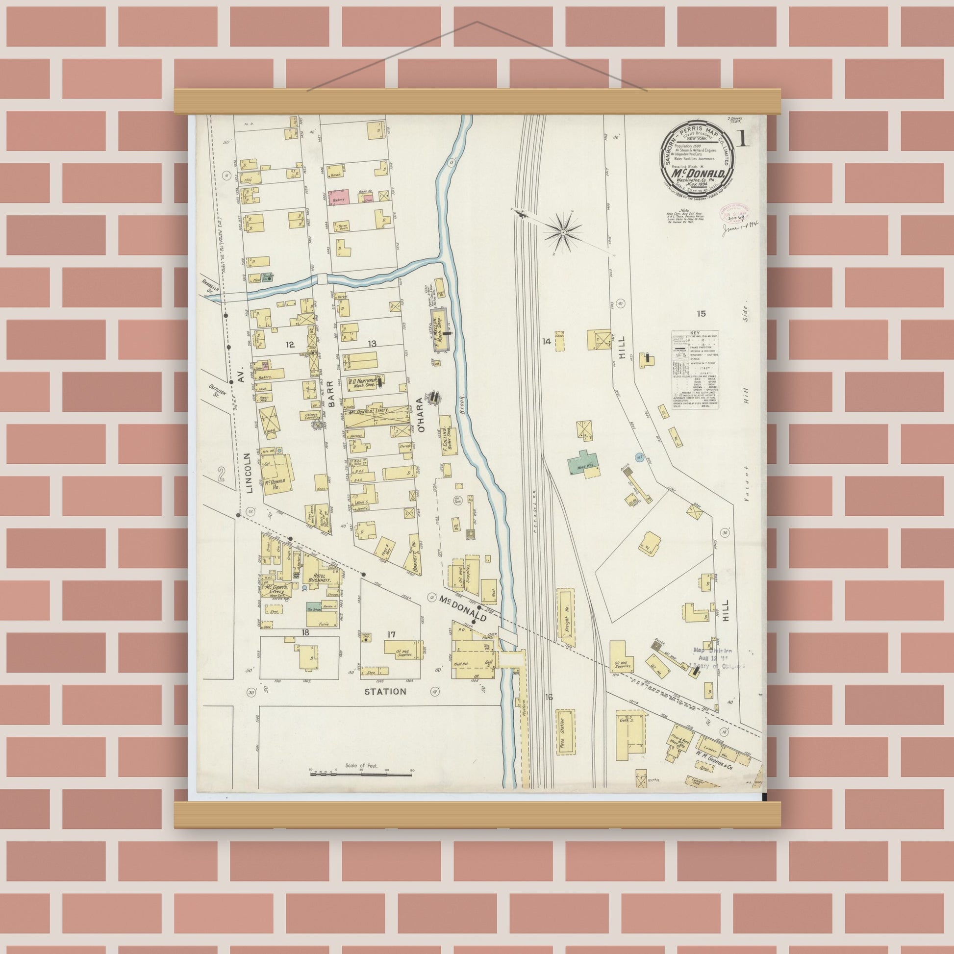 Old map wall art mockup — magnetic wood frame on brick wall — Sanborn Fire Insurance Map from McDonald, Washington County, Pennsylvania (1894) - Complete Map Set