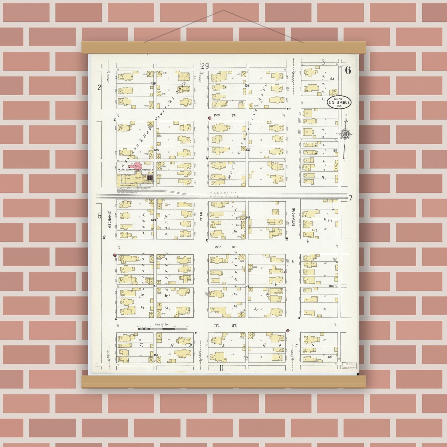 Old map wall art mockup — magnetic wood frame on brick wall — Sanborn Fire Insurance Map from Columbus, Bartholomew County, Indiana (1912), Sheet #0006