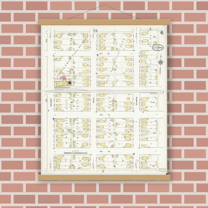 Old map wall art mockup — magnetic wood frame on brick wall — Sanborn Fire Insurance Map from Columbus, Bartholomew County, Indiana (1912), Sheet #0006