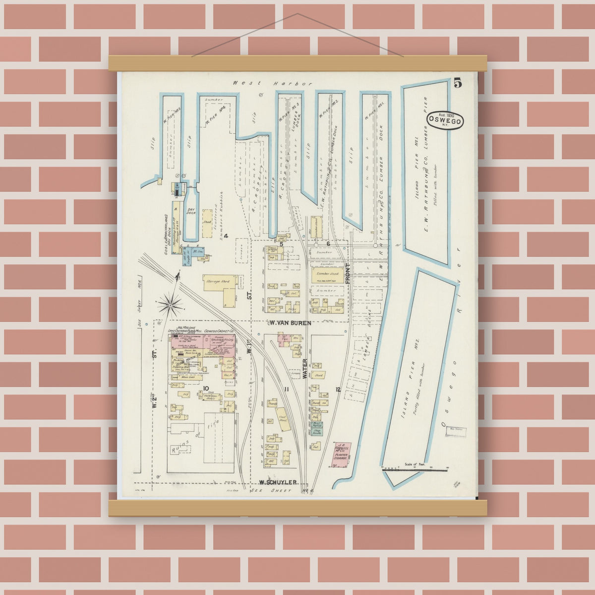 Old map wall art mockup — magnetic wood frame on brick wall — Sanborn Fire Insurance Map from Oswego, Oswego County, New York (1890), Sheet #0005