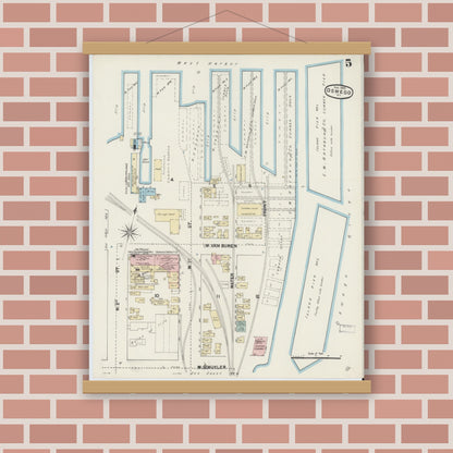 Old map wall art mockup — magnetic wood frame on brick wall — Sanborn Fire Insurance Map from Oswego, Oswego County, New York (1890), Sheet #0005