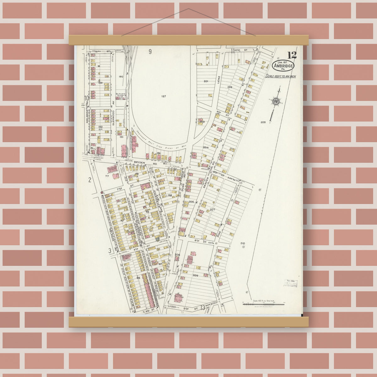 Old map wall art mockup — magnetic wood frame on brick wall — Sanborn Fire Insurance Map from Ambridge, Beaver County, Pennsylvania (1917), Sheet #0012