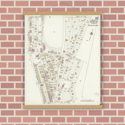 Old map wall art mockup — magnetic wood frame on brick wall — Sanborn Fire Insurance Map from Ambridge, Beaver County, Pennsylvania (1917), Sheet #0012