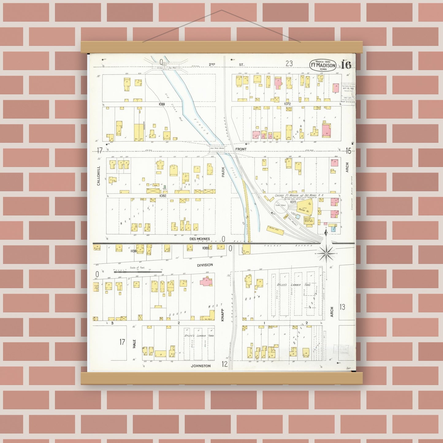 Old map wall art mockup — magnetic wood frame on brick wall — Sanborn Fire Insurance Map from Fort Madison, Lee County, Iowa (1900), Sheet #0016