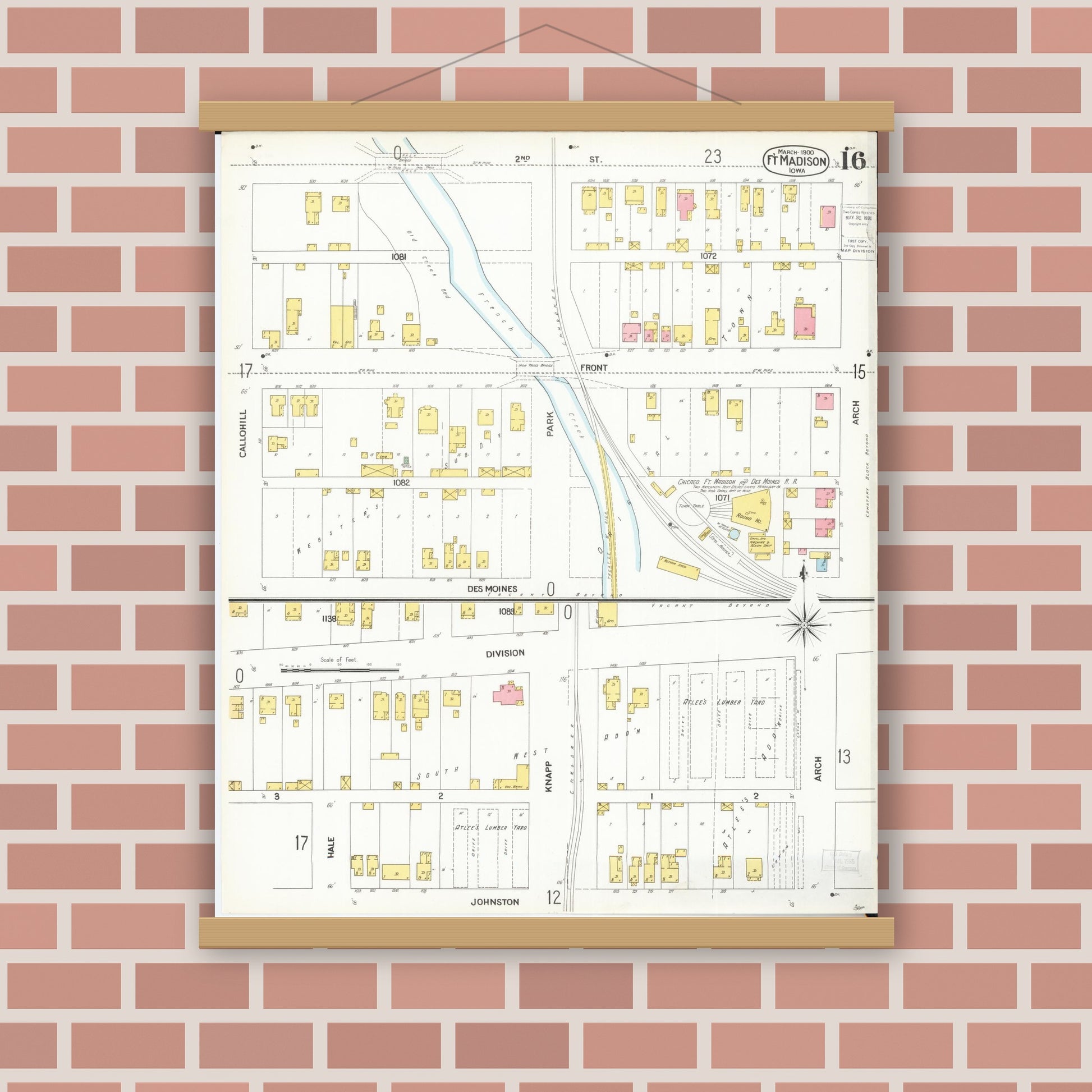 Old map wall art mockup — magnetic wood frame on brick wall — Sanborn Fire Insurance Map from Fort Madison, Lee County, Iowa (1900), Sheet #0016