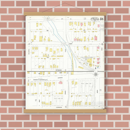 Old map wall art mockup — magnetic wood frame on brick wall — Sanborn Fire Insurance Map from Fort Madison, Lee County, Iowa (1900), Sheet #0016