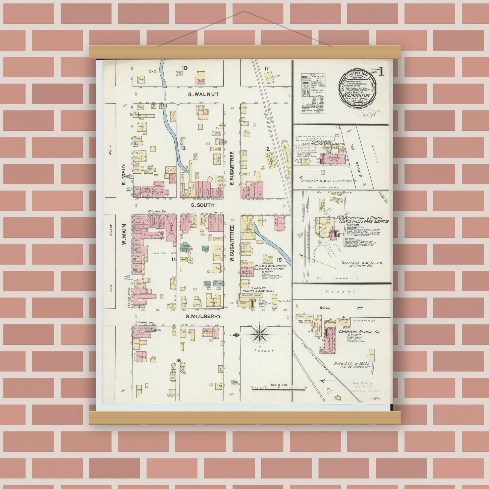 Old map wall art mockup — magnetic wood frame on brick wall — Sanborn Fire Insurance Map from Wilmington, Clinton County, Ohio (1890) - Complete Map Set