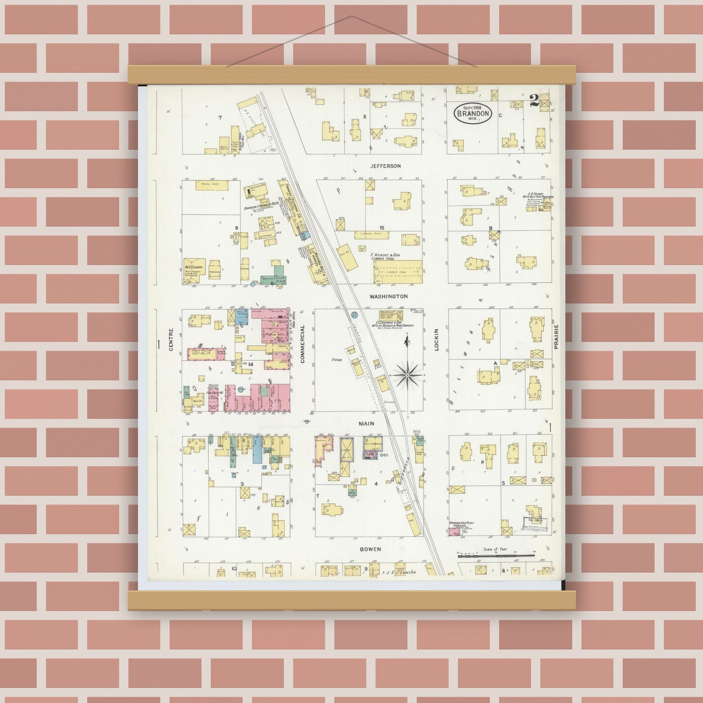 Old map wall art mockup — magnetic wood frame on brick wall — Sanborn Fire Insurance Map from Brandon, Fond du Lac County, Wisconsin (1908), Sheet #0002