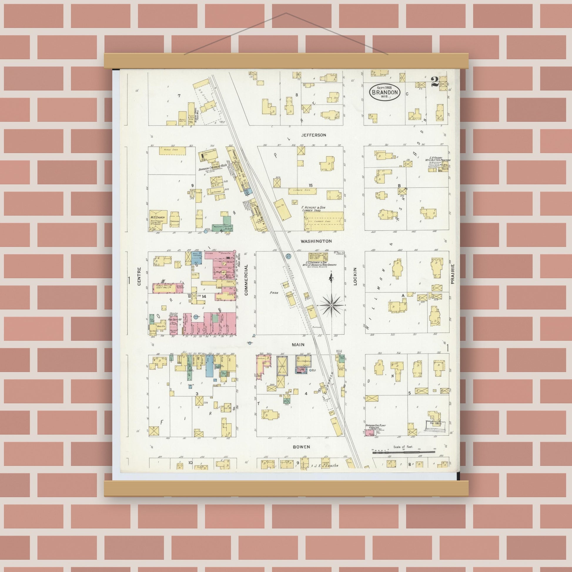Old map wall art mockup — magnetic wood frame on brick wall — Sanborn Fire Insurance Map from Brandon, Fond du Lac County, Wisconsin (1908), Sheet #0002