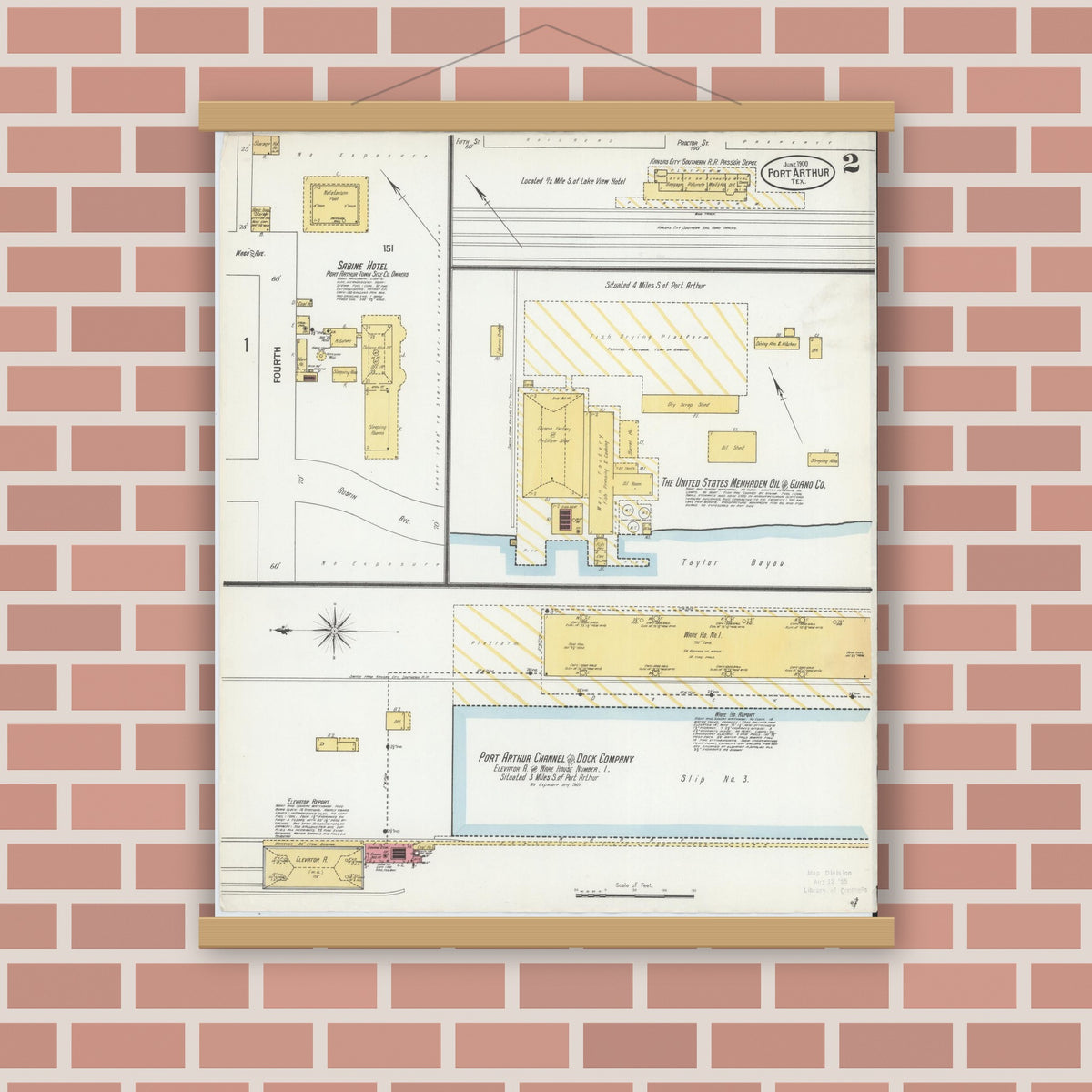 Old map wall art mockup — magnetic wood frame on brick wall — Sanborn Fire Insurance Map from Port Arthur, Jefferson County, Texas (1900), Sheet #0002