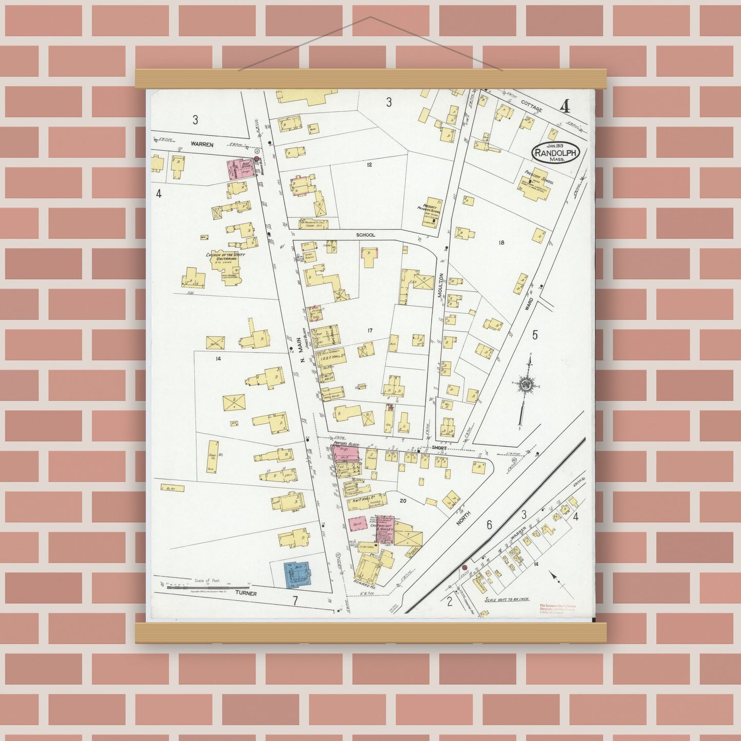 Old map wall art mockup — magnetic wood frame on brick wall — Sanborn Fire Insurance Map from Randolph, Norfolk County, Massachusetts (1919), Sheet #0004