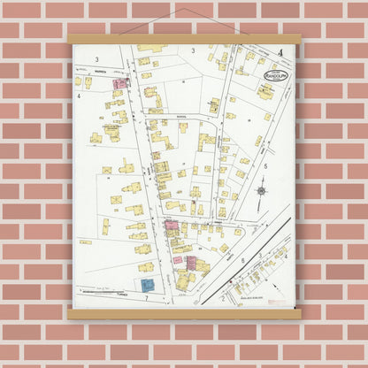 Old map wall art mockup — magnetic wood frame on brick wall — Sanborn Fire Insurance Map from Randolph, Norfolk County, Massachusetts (1919), Sheet #0004