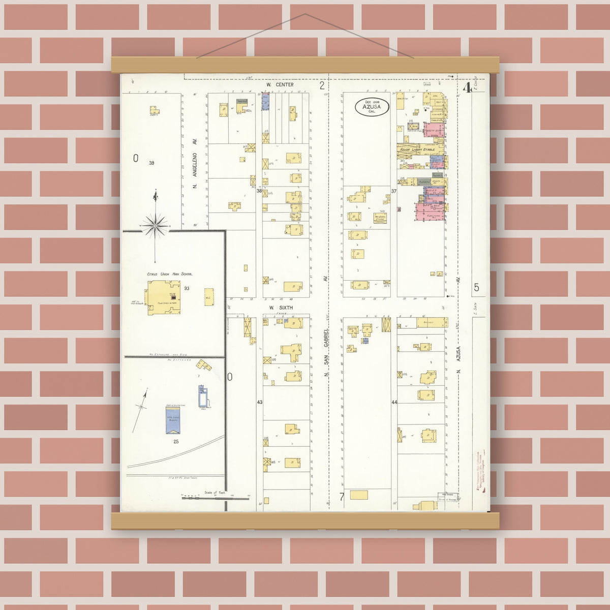 Old map wall art mockup — magnetic wood frame on brick wall — Sanborn Fire Insurance Map from Azusa, Los Angeles County, California (1906), Sheet #0004