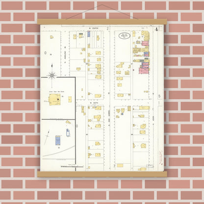 Old map wall art mockup — magnetic wood frame on brick wall — Sanborn Fire Insurance Map from Azusa, Los Angeles County, California (1906), Sheet #0004