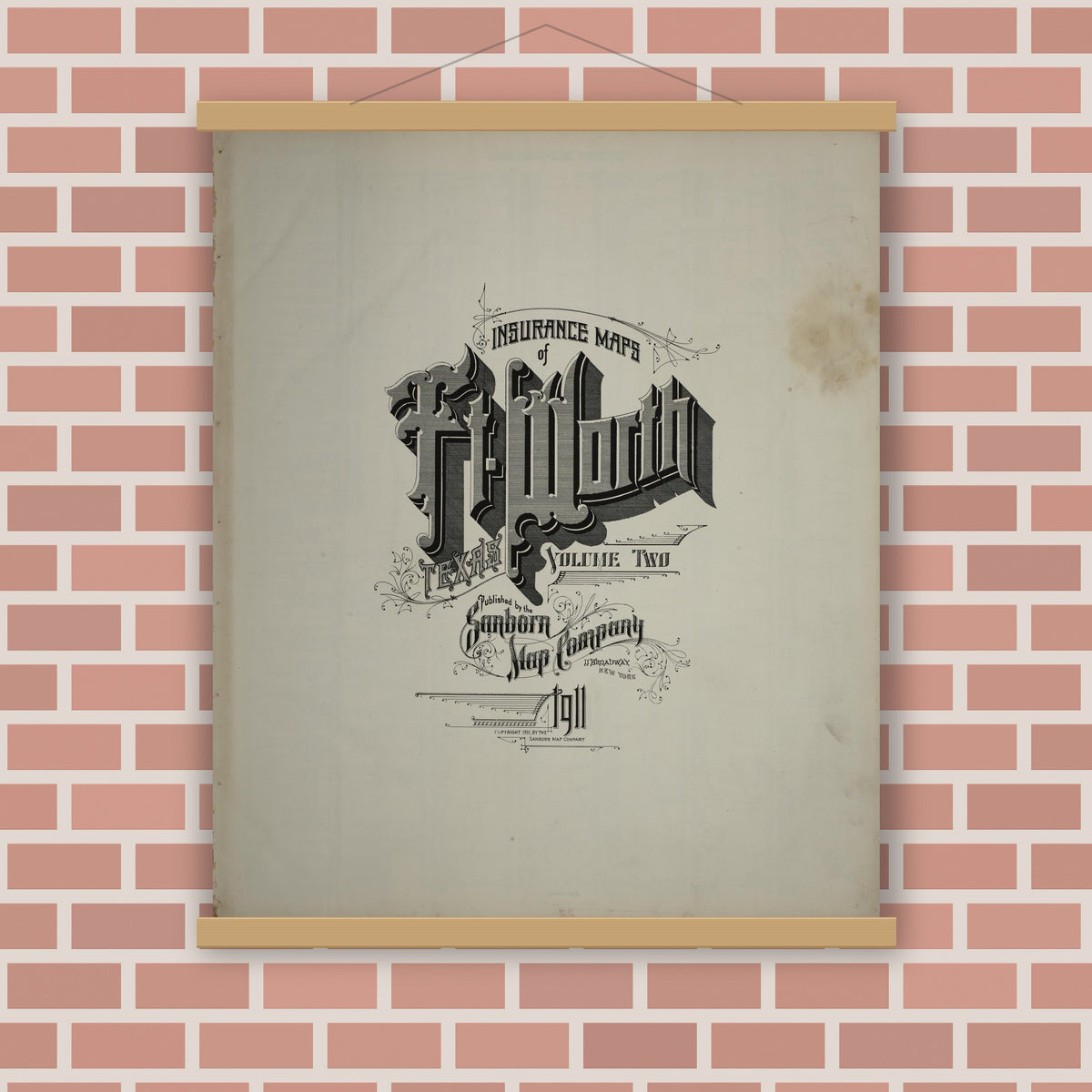 Old map wall art mockup — magnetic wood frame on brick wall — Sanborn Fire Insurance Map from Fort Worth, Tarrant County, Texas (1911), Sheet #0001