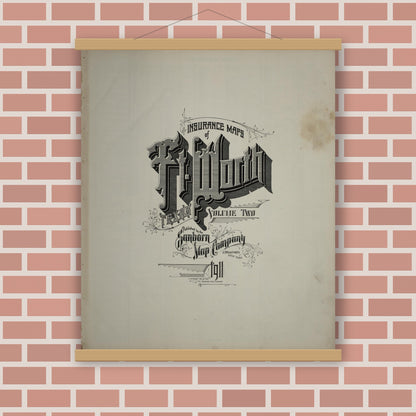 Old map wall art mockup — magnetic wood frame on brick wall — Sanborn Fire Insurance Map from Fort Worth, Tarrant County, Texas (1911), Sheet #0001