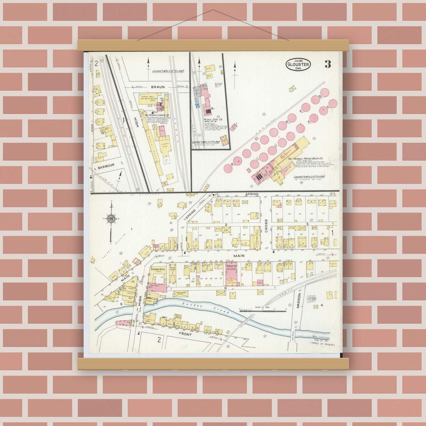 Old map wall art mockup — magnetic wood frame on brick wall — Sanborn Fire Insurance Map from Glouster, Athens County, Ohio (1912), Sheet #0003
