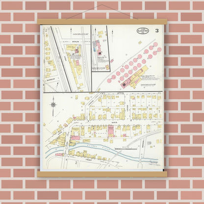 Old map wall art mockup — magnetic wood frame on brick wall — Sanborn Fire Insurance Map from Glouster, Athens County, Ohio (1912), Sheet #0003