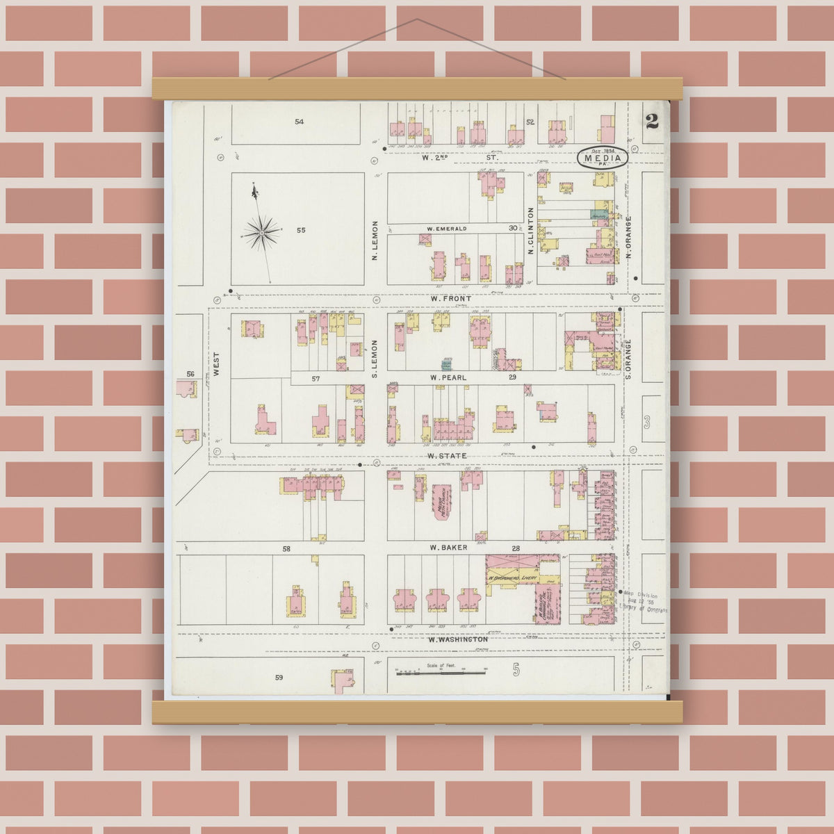Old map wall art mockup — magnetic wood frame on brick wall — Sanborn Fire Insurance Map from Media, Delaware County, Pennsylvania (1894), Sheet #0002