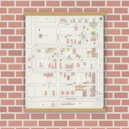Old map wall art mockup — magnetic wood frame on brick wall — Sanborn Fire Insurance Map from Media, Delaware County, Pennsylvania (1894), Sheet #0002