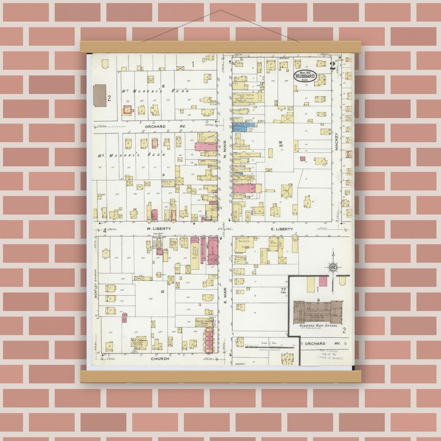 Old map wall art mockup — magnetic wood frame on brick wall — Sanborn Fire Insurance Map from Hubbard, Trumbull County, Ohio (1921), Sheet #0002
