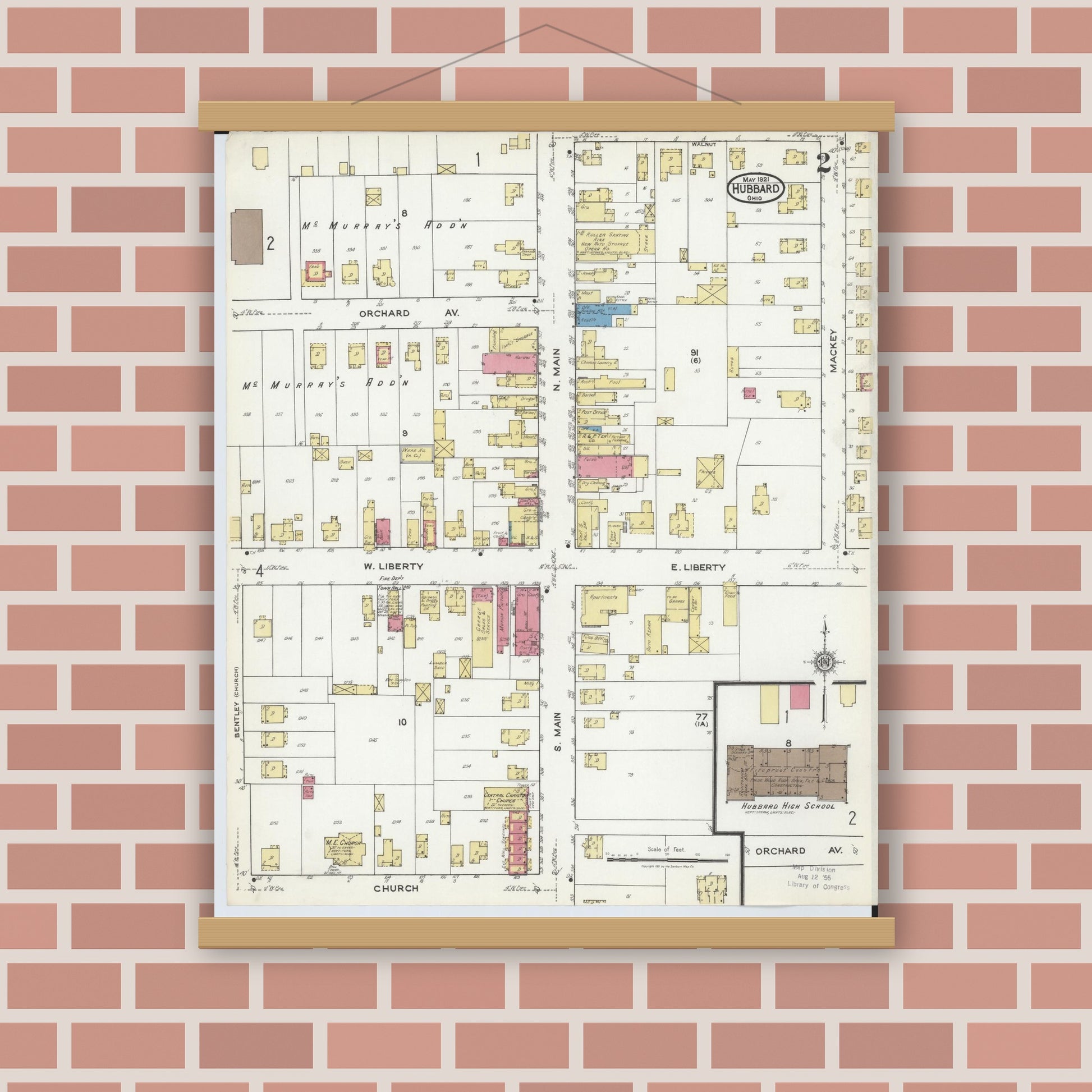 Old map wall art mockup — magnetic wood frame on brick wall — Sanborn Fire Insurance Map from Hubbard, Trumbull County, Ohio (1921), Sheet #0002